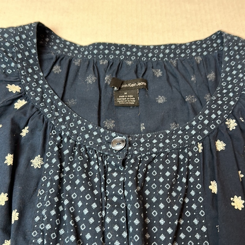 Calvin Klein Peasant Top | Y2K Boho Babydoll Cinched Waist Cotton Blouse